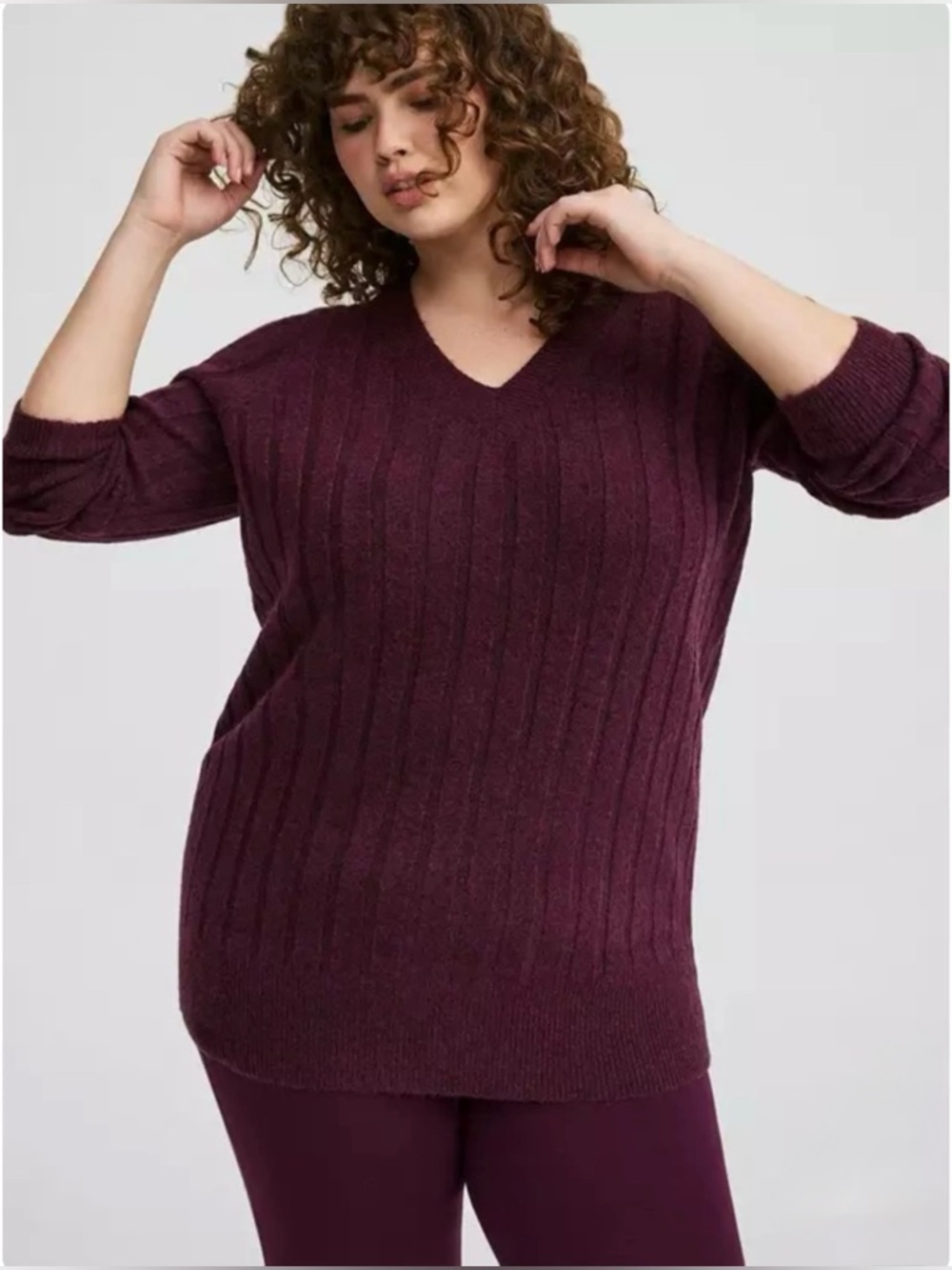 NWT Torrid Vegan Cashmere V-Neck Pullover Sweater Ribbed Winter Bloom Eggplant